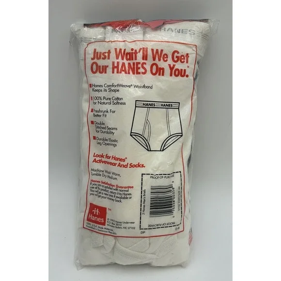 Vtg 90s Hanes Mens 44 XXL White Briefs Made In USA NOS Jock Stud Bear 3 Pack - Picture 2 of 2
